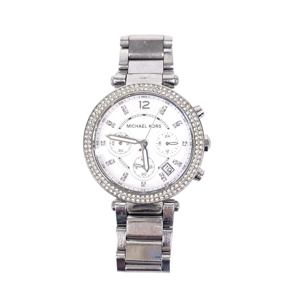 Michael Kors Watch Crystals Womens Silver Tone Stainless Steel Bling Parker